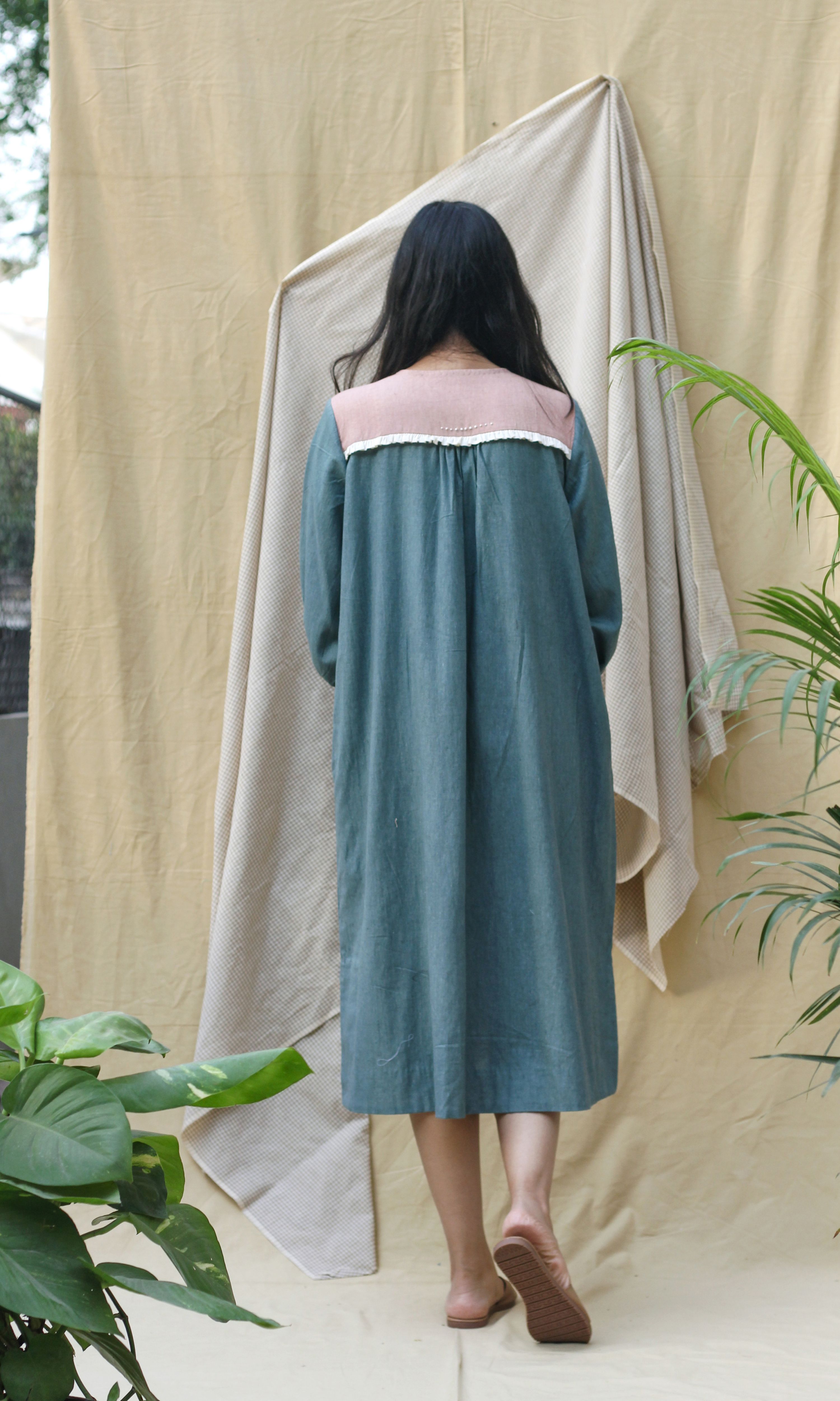 Blue Collar Midi Dress at Kamakhyaa by Chambray & Co.. This item is Casual Wear, Green, Hand Spun Cotton, Midi Dresses, Natural, Pink, Regular Fit, Render, Shirt Dresses, Solid Selfmade, Solids, Womenswear
