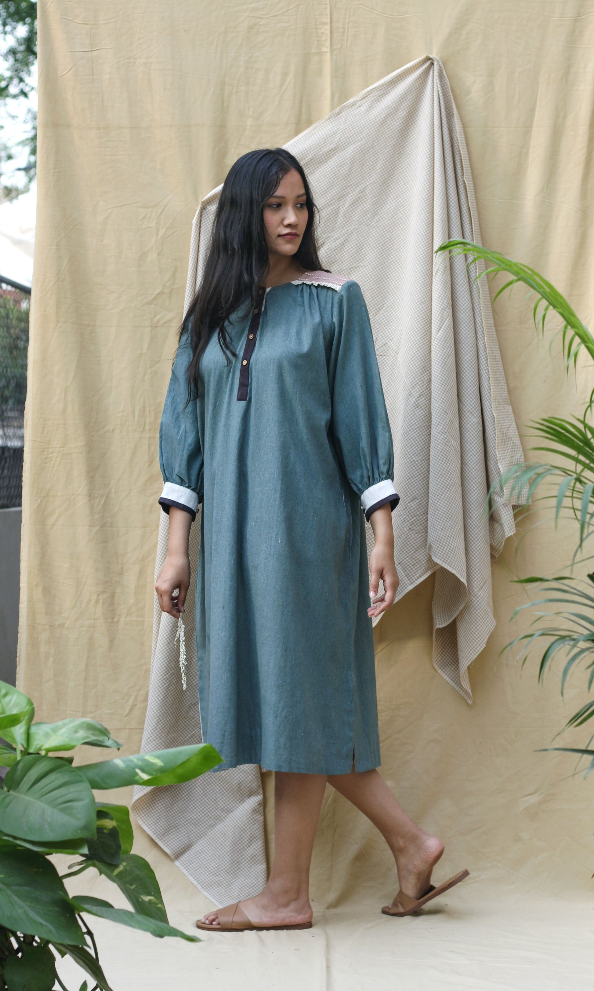 Blue Collar Midi Dress at Kamakhyaa by Chambray & Co.. This item is Casual Wear, Green, Hand Spun Cotton, Midi Dresses, Natural, Pink, Regular Fit, Render, Shirt Dresses, Solid Selfmade, Solids, Womenswear