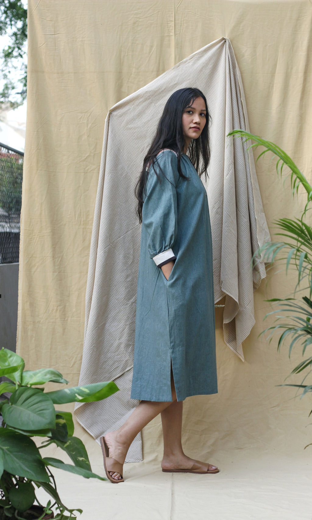 Blue Collar Midi Dress at Kamakhyaa by Chambray & Co.. This item is Casual Wear, Green, Hand Spun Cotton, Midi Dresses, Natural, Pink, Regular Fit, Render, Shirt Dresses, Solid Selfmade, Solids, Womenswear