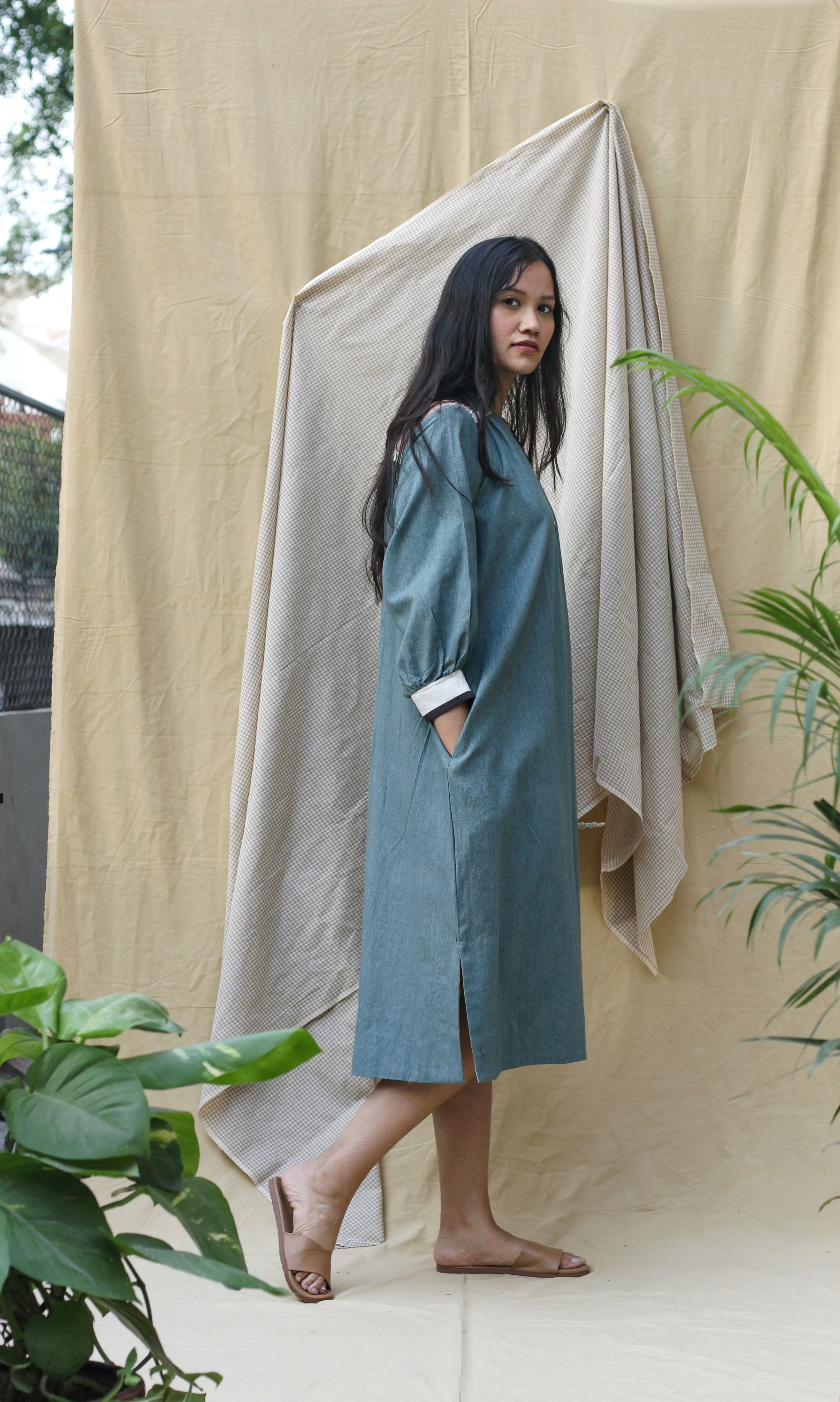 Blue Collar Midi Dress at Kamakhyaa by Chambray & Co.. This item is Casual Wear, Green, Hand Spun Cotton, Midi Dresses, Natural, Pink, Regular Fit, Render, Shirt Dresses, Solid Selfmade, Solids, Womenswear