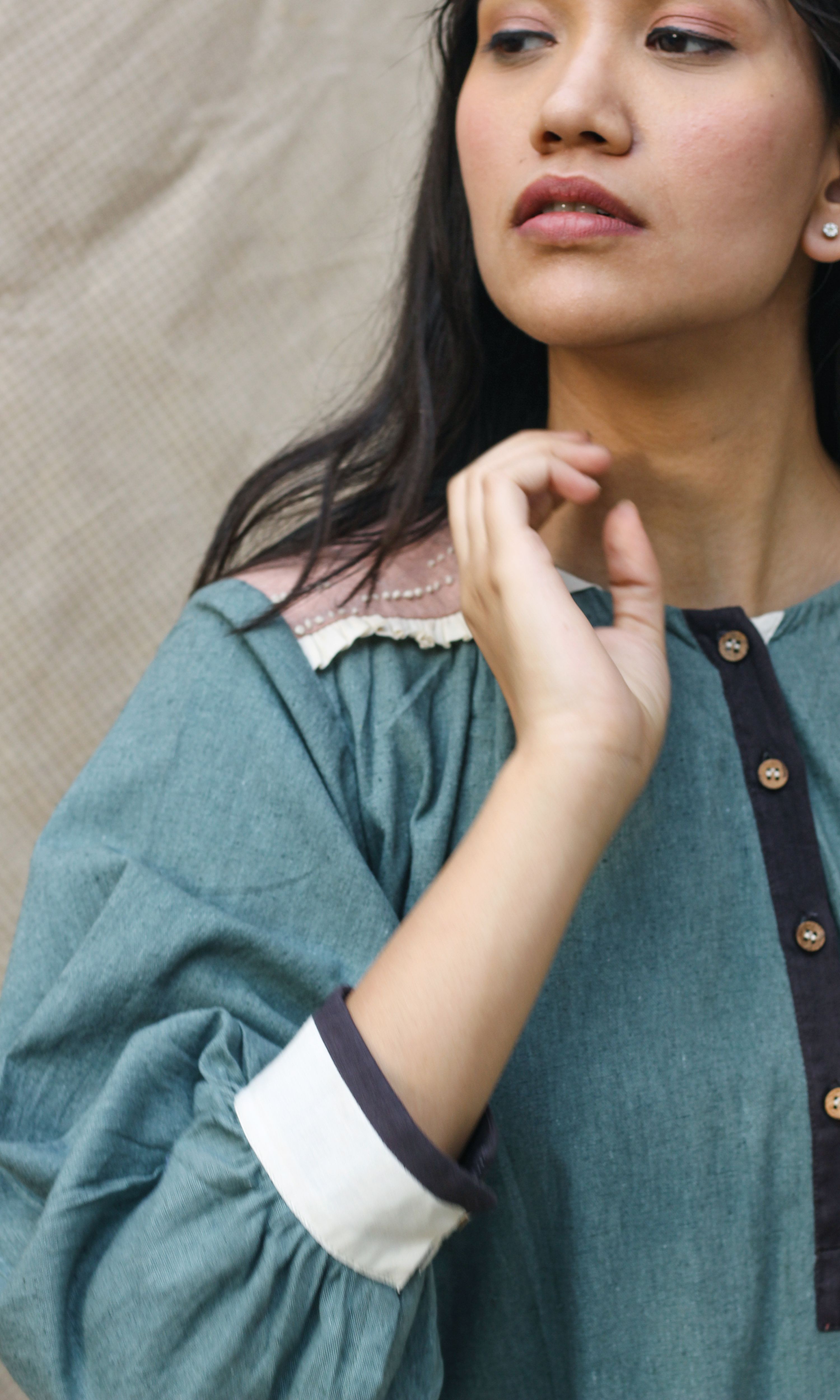 Blue Collar Midi Dress at Kamakhyaa by Chambray & Co.. This item is Casual Wear, Green, Hand Spun Cotton, Midi Dresses, Natural, Pink, Regular Fit, Render, Shirt Dresses, Solid Selfmade, Solids, Womenswear