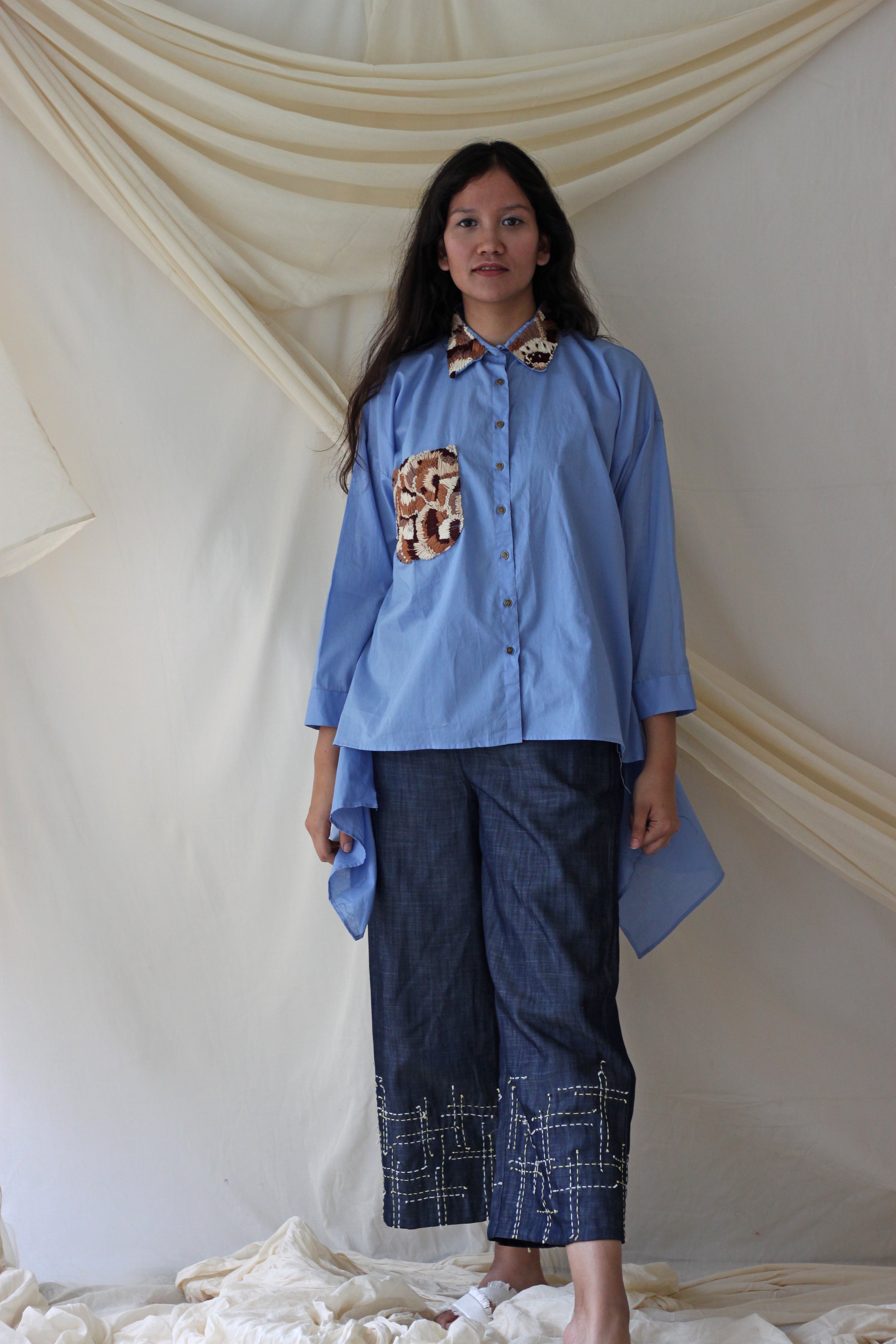Blue Collar Patchwork Shirt at Kamakhyaa by Chambray & Co.. This item is Blue, Casual Wear, Cotton, Natural, Regular Fit, Shirts, Solids, Tops, Womenswear