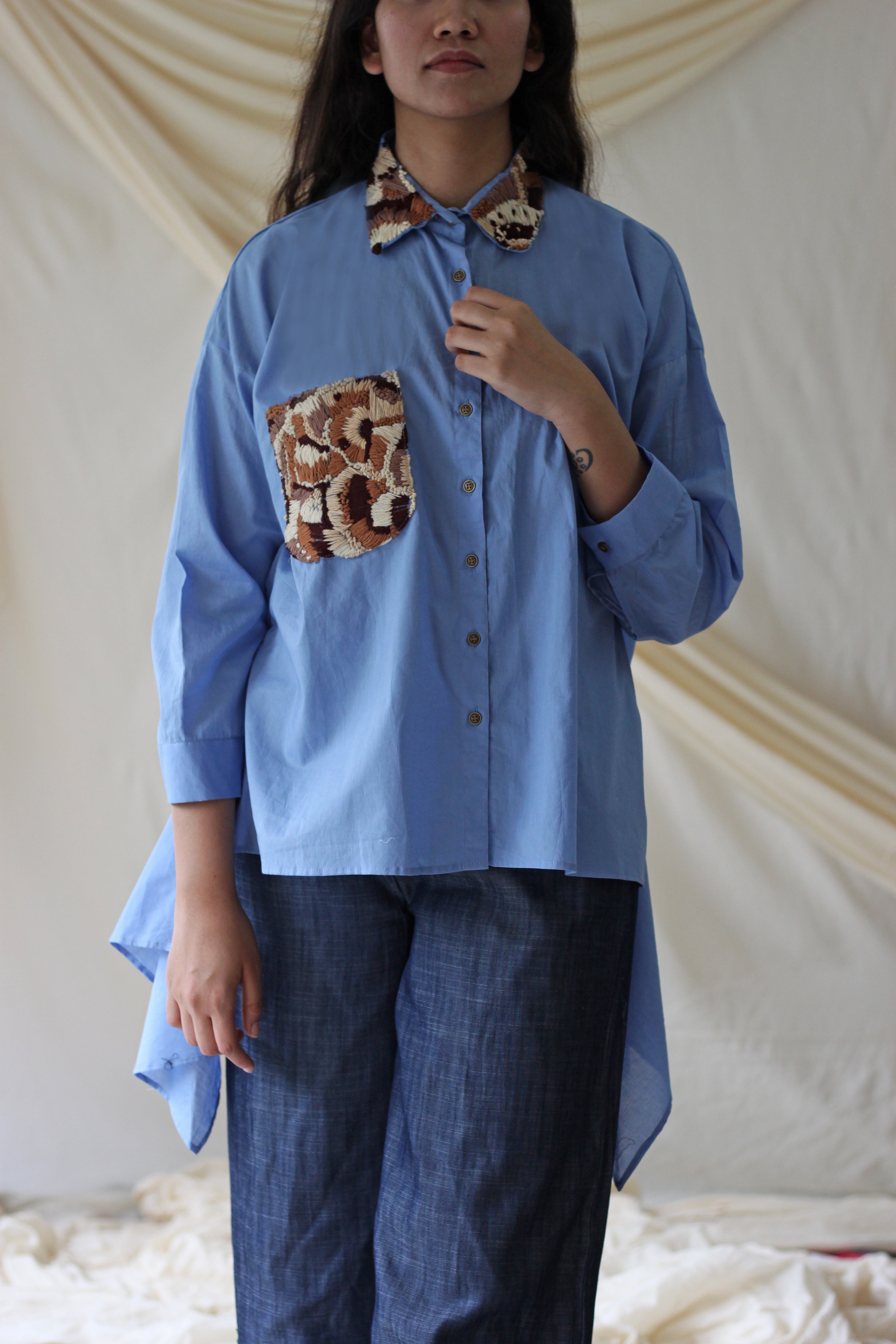 Blue Collar Patchwork Shirt at Kamakhyaa by Chambray & Co.. This item is Blue, Casual Wear, Cotton, Natural, Regular Fit, Shirts, Solids, Tops, Womenswear