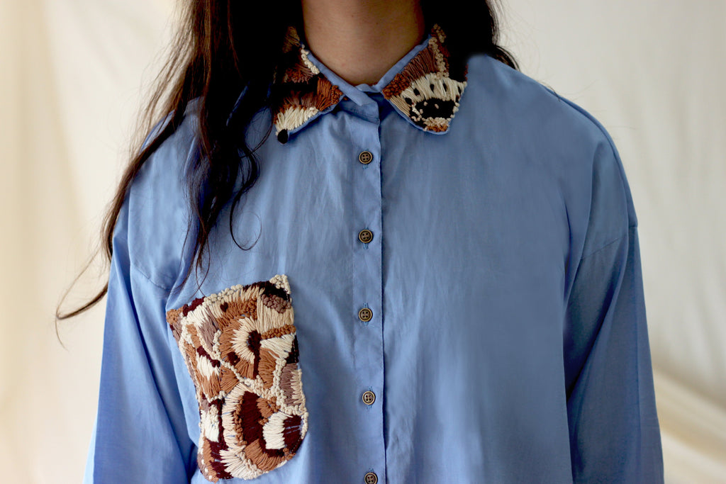 Blue Collar Patchwork Shirt at Kamakhyaa by Chambray & Co.. This item is Blue, Casual Wear, Cotton, Natural, Regular Fit, Shirts, Solids, Tops, Womenswear