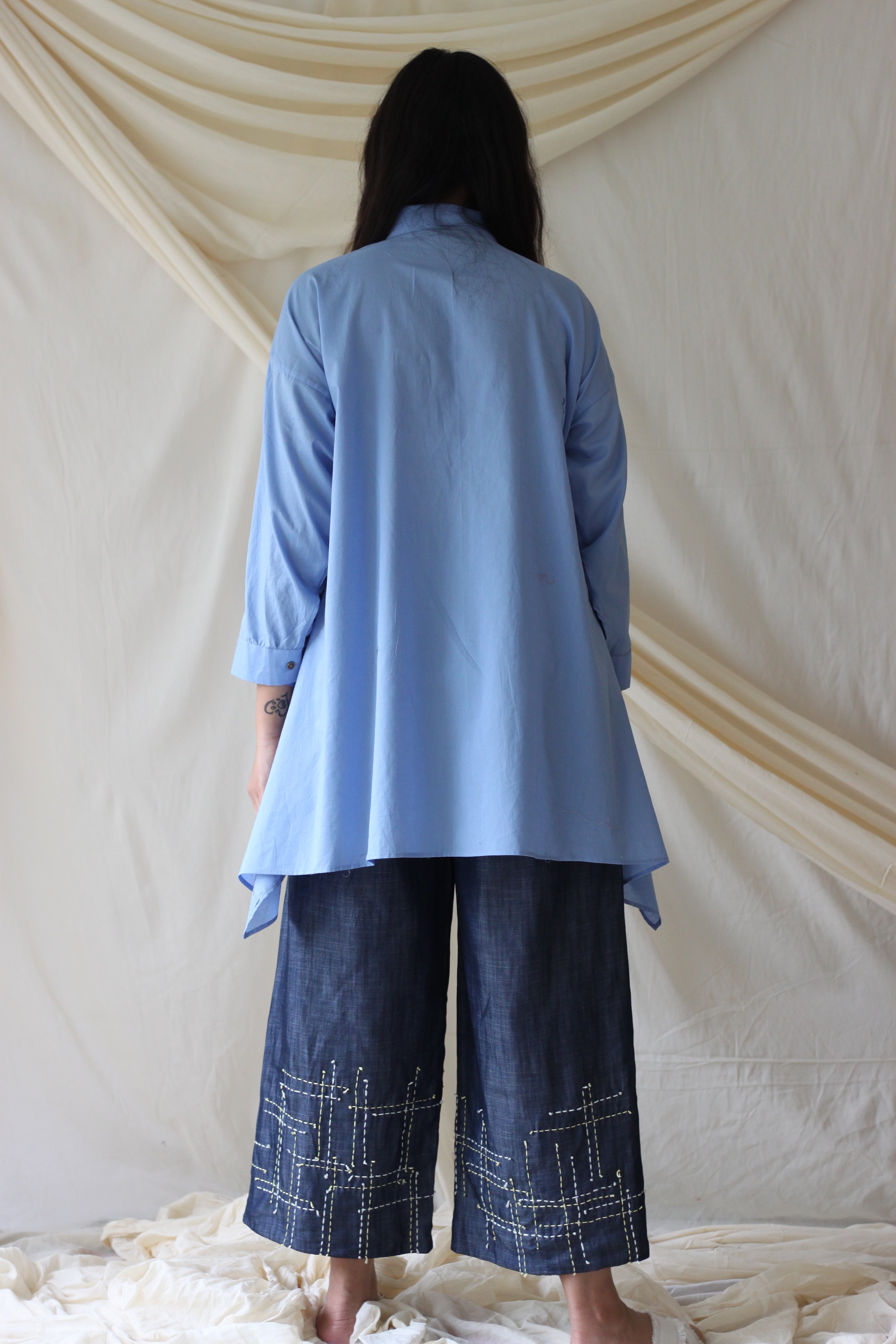 Blue Collar Patchwork Shirt at Kamakhyaa by Chambray & Co.. This item is Blue, Casual Wear, Cotton, Natural, Regular Fit, Shirts, Solids, Tops, Womenswear