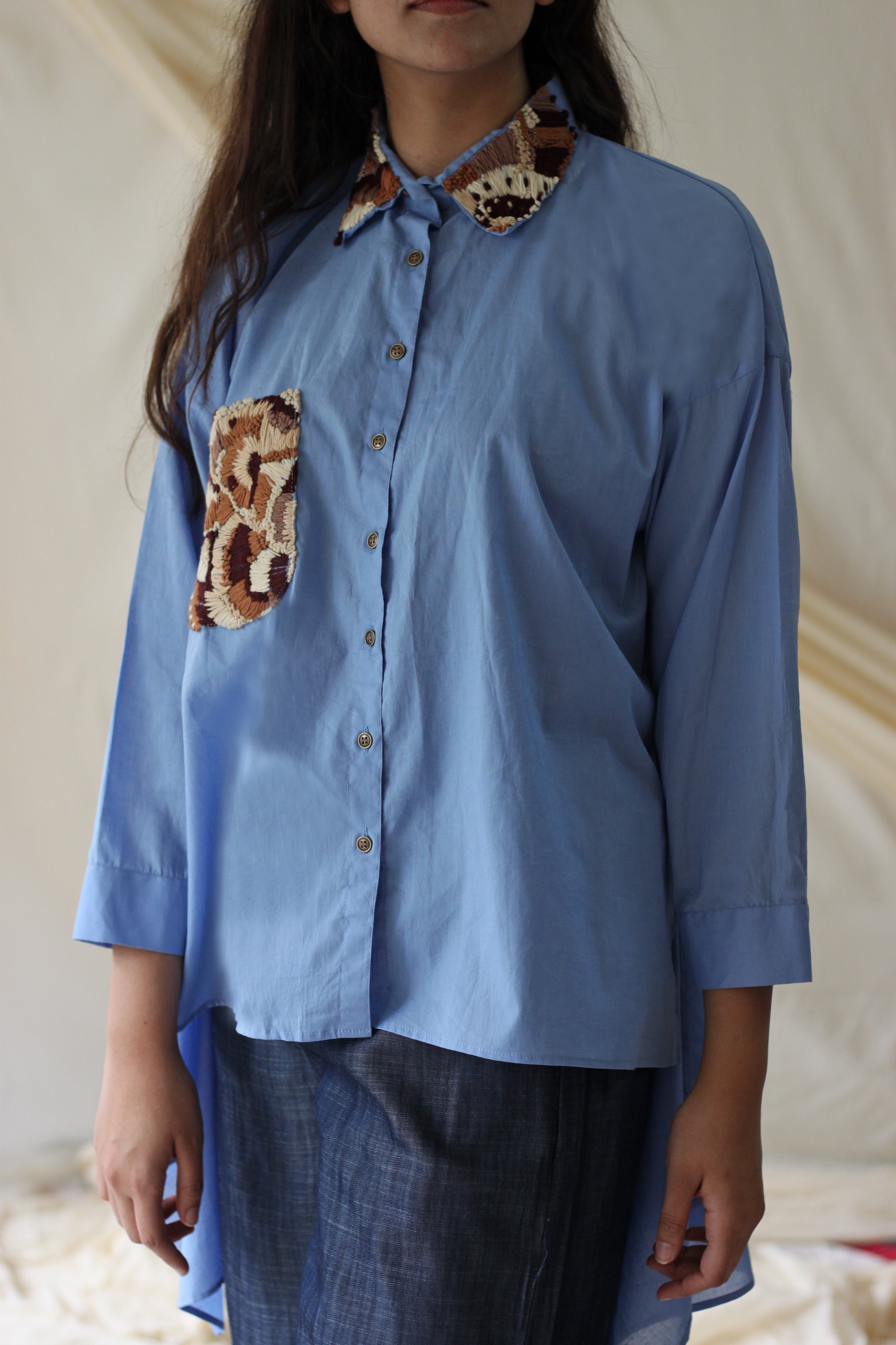 Blue Collar Patchwork Shirt at Kamakhyaa by Chambray & Co.. This item is Blue, Casual Wear, Cotton, Natural, Regular Fit, Shirts, Solids, Tops, Womenswear