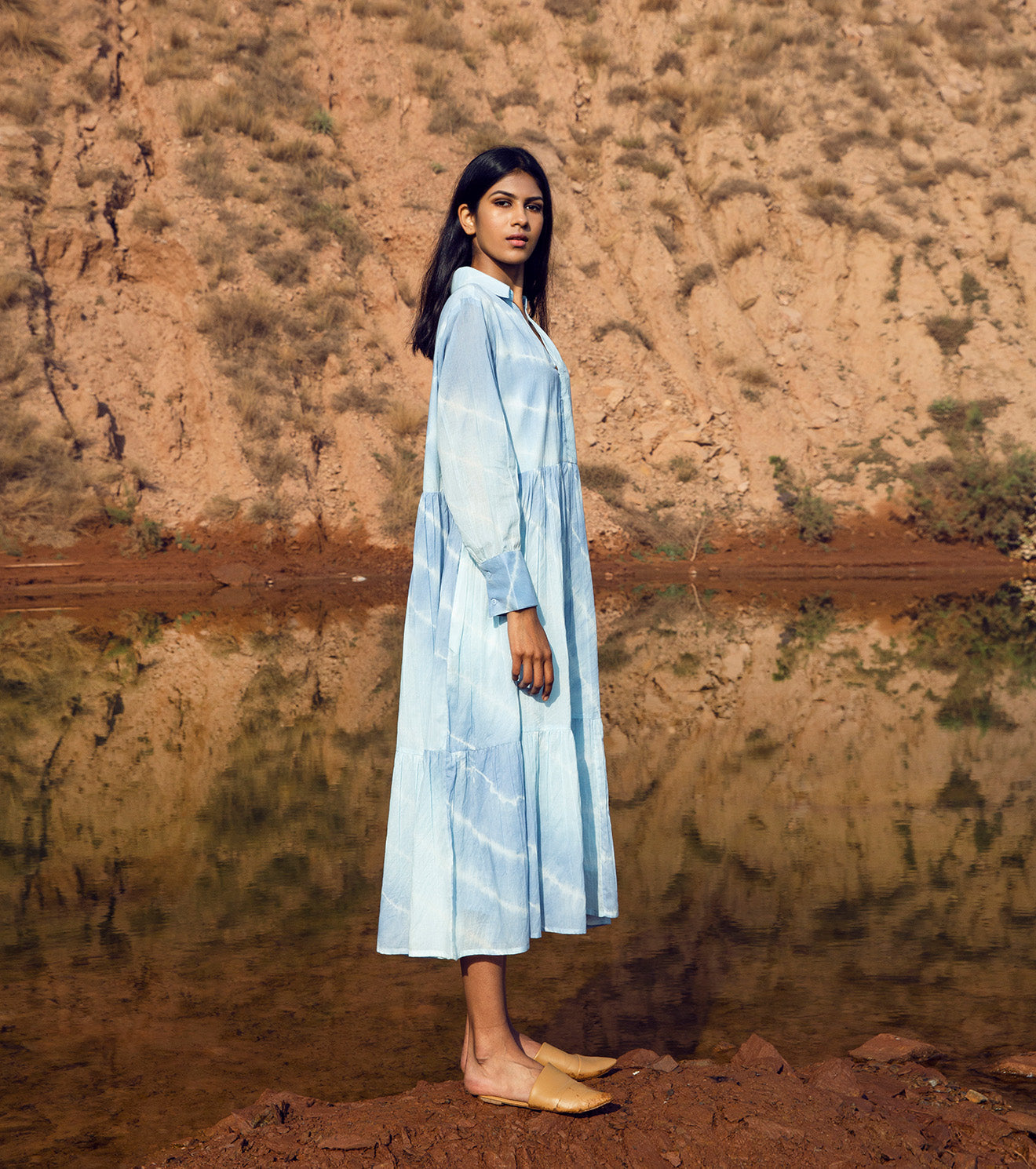 Blue Collared Midi Dress at Kamakhyaa by Khara Kapas. This item is 32 Days, Blue, FB ADS JUNE, Midi Dresses, Mulmul, Natural, Ombre & Dyes, Relaxed Fit, Resort Wear, Tiered Dresses, Womenswear