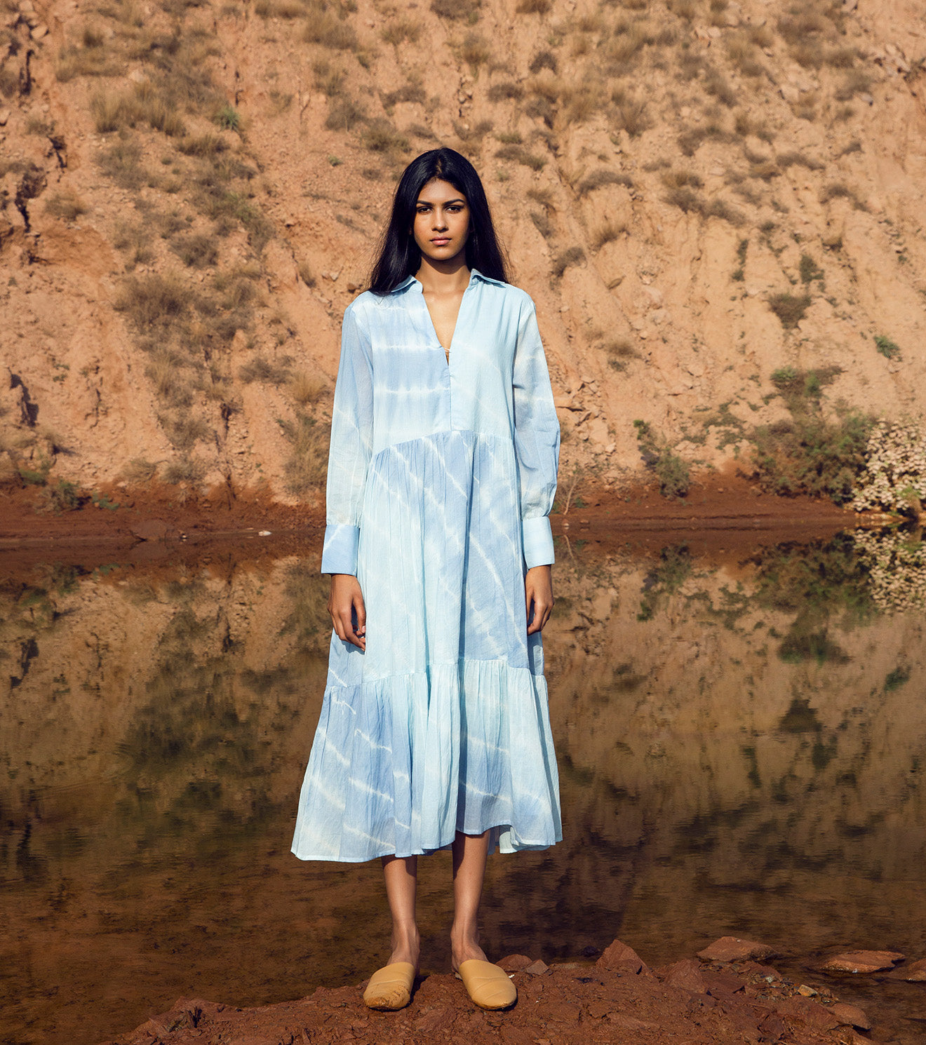 Blue Collared Midi Dress at Kamakhyaa by Khara Kapas. This item is 32 Days, Blue, FB ADS JUNE, Midi Dresses, Mulmul, Natural, Ombre & Dyes, Relaxed Fit, Resort Wear, Tiered Dresses, Womenswear