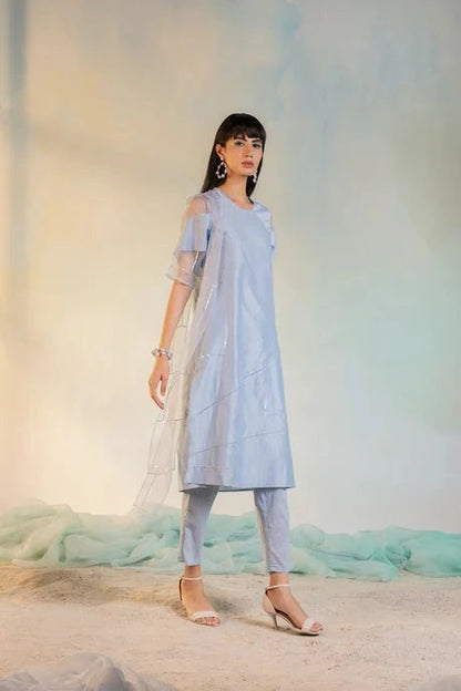 Blue Cotton Chanderi Kurta Set With Organza Dupatta at Kamakhyaa by Charkhee. This item is Aasmaa, Blue, Chanderi, Cotton, Embellished, Indian Wear, Kurta Pant Sets, Kurta Set With Dupatta, Natural, Organza, Relaxed Fit, Sequin work, Wedding Wear, Womenswear