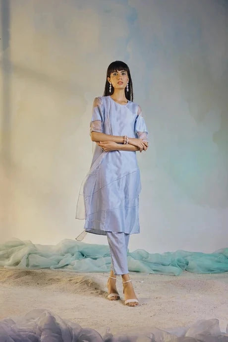Blue Cotton Chanderi Kurta Set With Organza Dupatta at Kamakhyaa by Charkhee. This item is Aasmaa, Blue, Chanderi, Cotton, Embellished, Indian Wear, Kurta Pant Sets, Kurta Set With Dupatta, Natural, Organza, Relaxed Fit, Sequin work, Wedding Wear, Womenswear