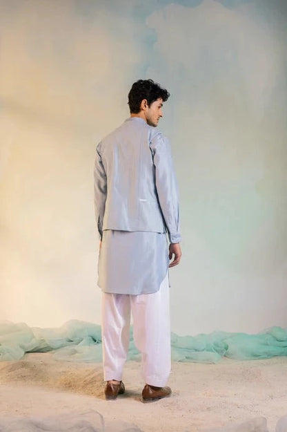 Blue Cotton Chanderi Sequin Work Jacket at Kamakhyaa by Charkhee. This item is Aasmaa, Blue, Chanderi, Cotton, Embellished, Indian Wear, Indianwear Jackets, Jackets, Mens Overlay, Menswear, Natural, Relaxed Fit, Sequin work, Wedding Gifts, Wedding Wear