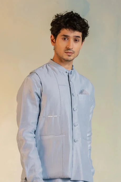 Blue Cotton Chanderi Sequin Work Jacket at Kamakhyaa by Charkhee. This item is Aasmaa, Blue, Chanderi, Cotton, Embellished, Indian Wear, Indianwear Jackets, Jackets, Mens Overlay, Menswear, Natural, Relaxed Fit, Sequin work, Wedding Gifts, Wedding Wear