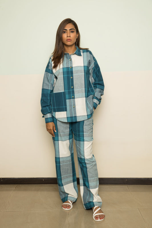 Blue Cotton Co-ord at Kamakhyaa by Anushé Pirani. This item is 100% Cotton, Blue, Casual Wear, Checks, Handwoven, Handwoven Cotton, Lounge Wear Co-ords, Regular Fit, The Co-ord Edit, Womenswear