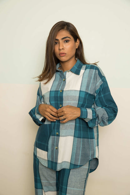 Blue Cotton Co-ord at Kamakhyaa by Anushé Pirani. This item is 100% Cotton, Blue, Casual Wear, Checks, Handwoven, Handwoven Cotton, Lounge Wear Co-ords, Regular Fit, The Co-ord Edit, Womenswear