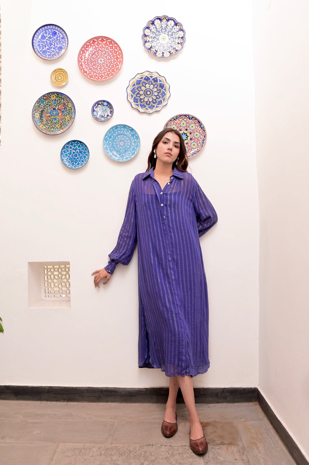 Blue Cotton Crepe Shirt Dress at Kamakhyaa by Taro. This item is Blue, Chaandi, Cotton, Cotton Lurex, Crepe, Halter Neck Tops, Natural, Regular Fit, Shirt Dresses, Silver, Solids, Womenswear