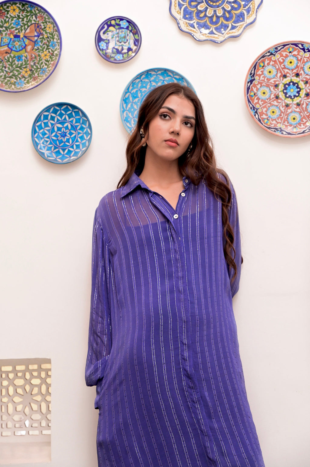 Blue Cotton Crepe Shirt Dress at Kamakhyaa by Taro. This item is Blue, Chaandi, Cotton, Cotton Lurex, Crepe, Halter Neck Tops, Natural, Regular Fit, Shirt Dresses, Silver, Solids, Womenswear