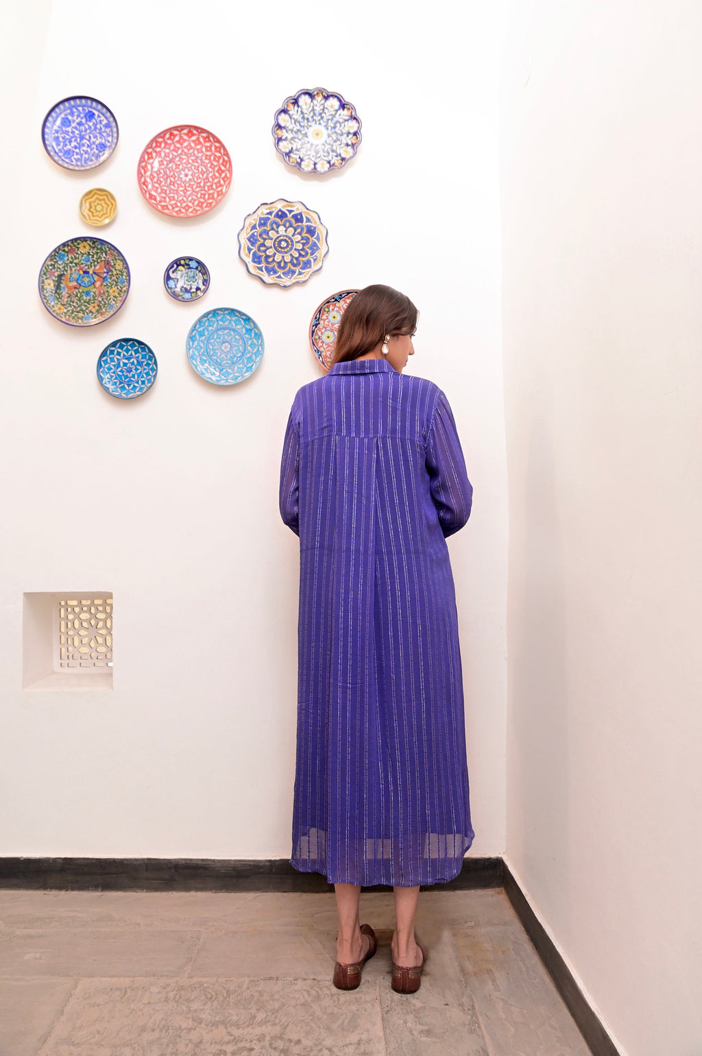 Blue Cotton Crepe Shirt Dress at Kamakhyaa by Taro. This item is Blue, Chaandi, Cotton, Cotton Lurex, Crepe, Halter Neck Tops, Natural, Regular Fit, Shirt Dresses, Silver, Solids, Womenswear