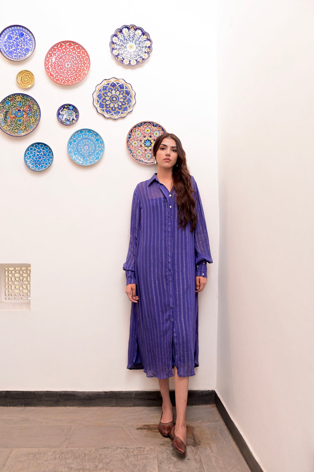 Blue Cotton Crepe Shirt Dress at Kamakhyaa by Taro. This item is Blue, Chaandi, Cotton, Cotton Lurex, Crepe, Halter Neck Tops, Natural, Regular Fit, Shirt Dresses, Silver, Solids, Womenswear