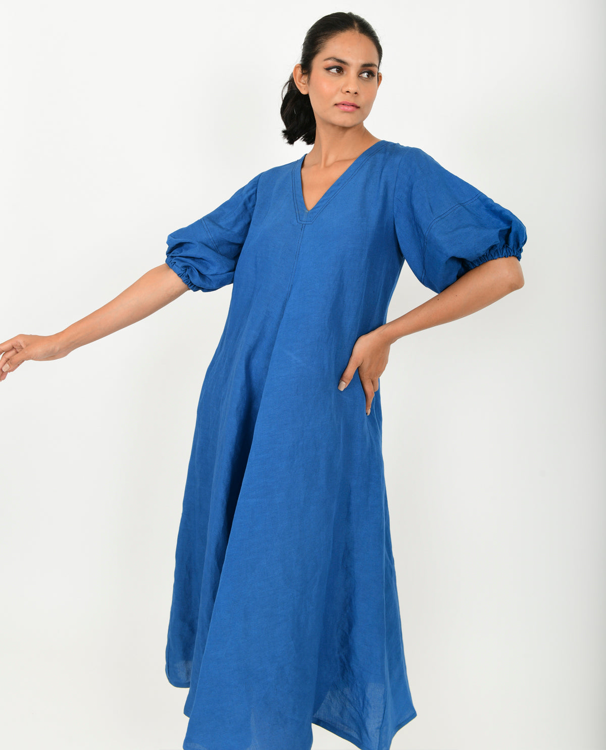 Blue Cotton Dress With Puffed Sleeves at Kamakhyaa by Rias Jaipur. This item is Blue, Casual Wear, Linen Blend, Midi Dress, Natural, Relaxed Fit, Solids, Womenswear, Yaadein