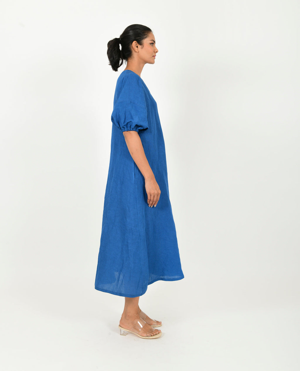 Blue Cotton Dress With Puffed Sleeves at Kamakhyaa by Rias Jaipur. This item is Blue, Casual Wear, Linen Blend, Midi Dress, Natural, Relaxed Fit, Solids, Womenswear, Yaadein