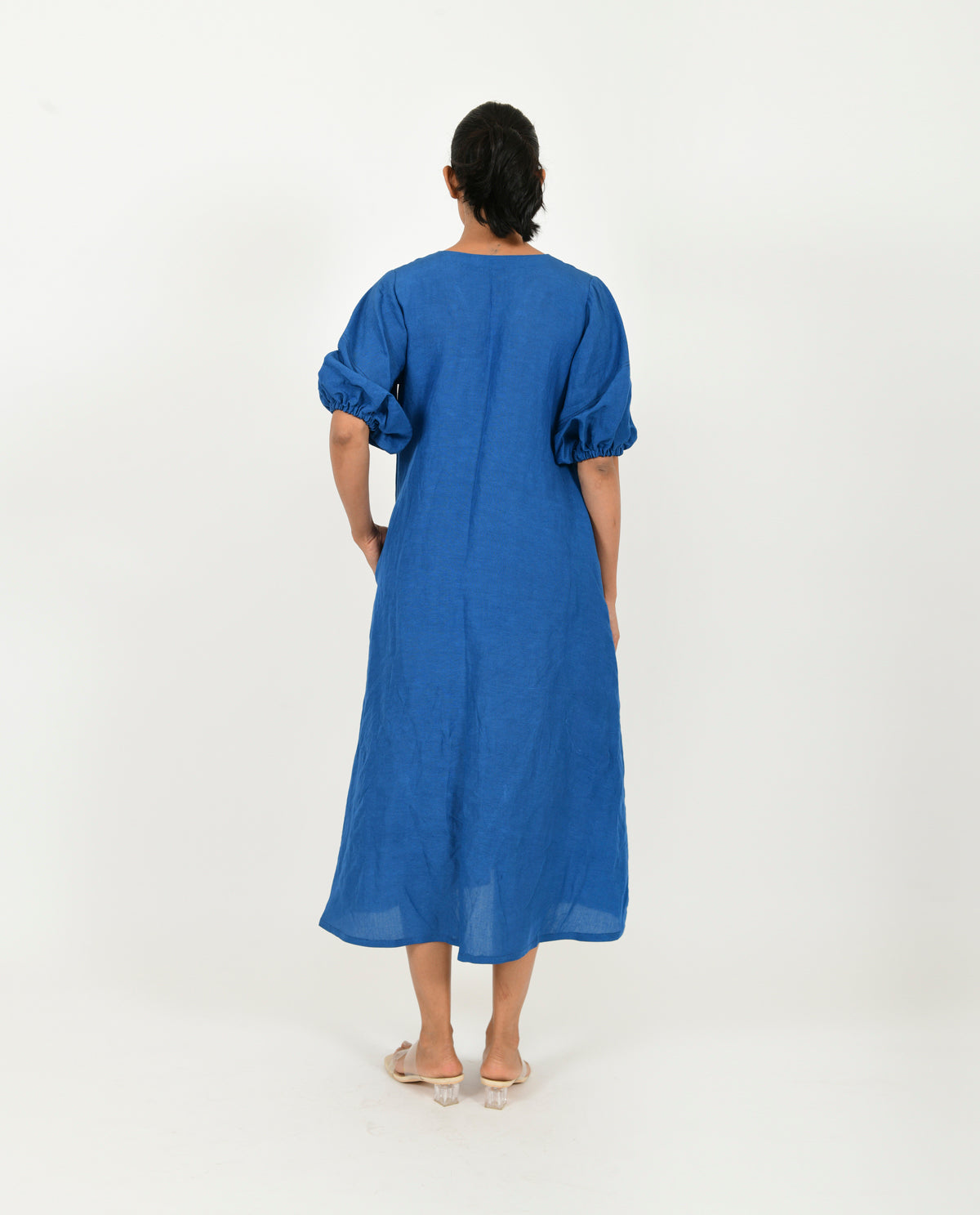 Blue Cotton Dress With Puffed Sleeves at Kamakhyaa by Rias Jaipur. This item is Blue, Casual Wear, Linen Blend, Midi Dress, Natural, Relaxed Fit, Solids, Womenswear, Yaadein