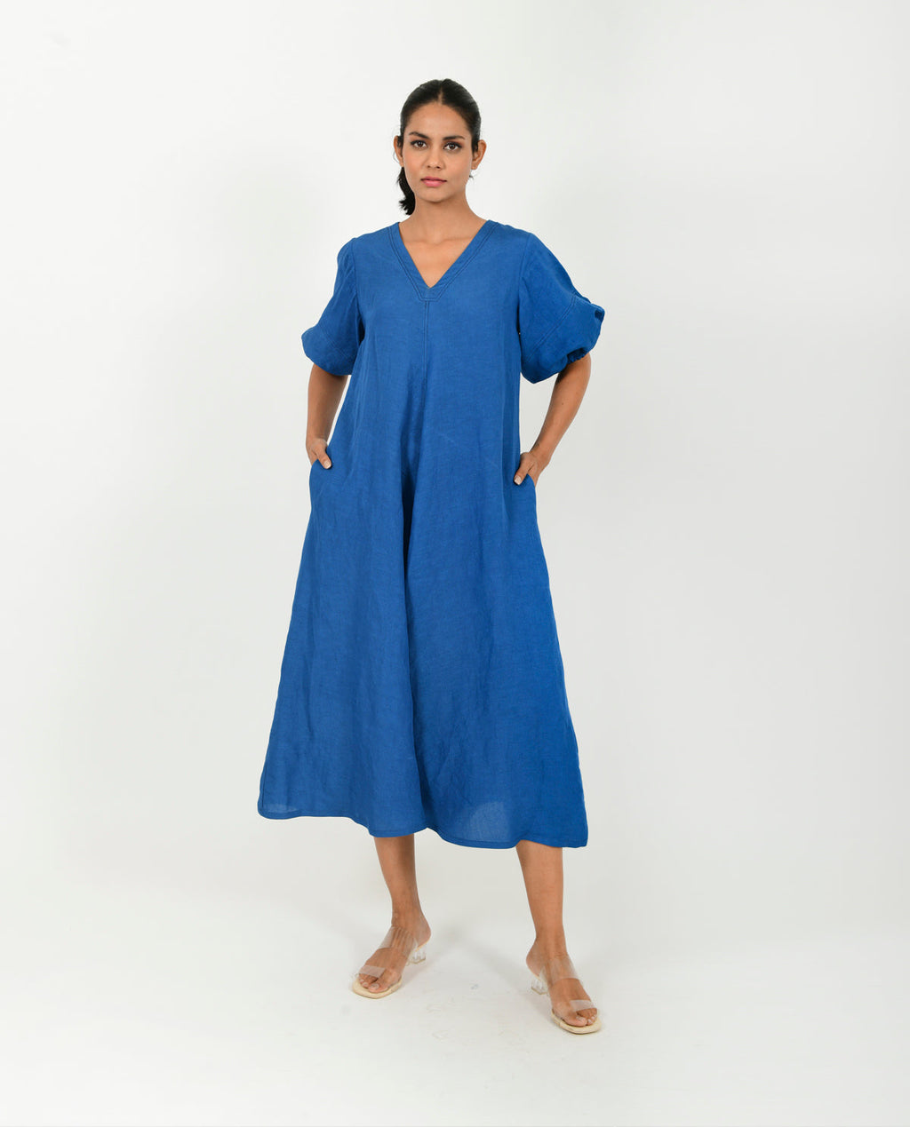Blue Cotton Dress With Puffed Sleeves at Kamakhyaa by Rias Jaipur. This item is Blue, Casual Wear, Linen Blend, Midi Dress, Natural, Relaxed Fit, Solids, Womenswear, Yaadein