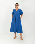 Blue Cotton Dress With Puffed Sleeves at Kamakhyaa by Rias Jaipur. This item is Blue, Casual Wear, Linen Blend, Midi Dress, Natural, Relaxed Fit, Solids, Womenswear, Yaadein