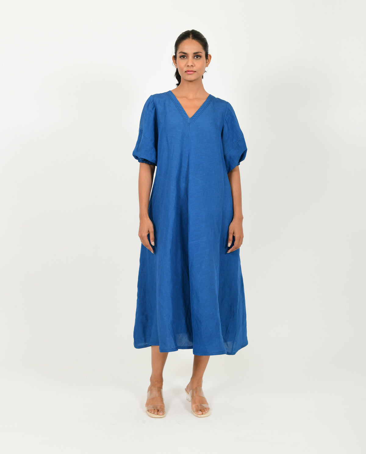 Blue Cotton Dress With Puffed Sleeves at Kamakhyaa by Rias Jaipur. This item is Blue, Casual Wear, Linen Blend, Midi Dress, Natural, Relaxed Fit, Solids, Womenswear, Yaadein