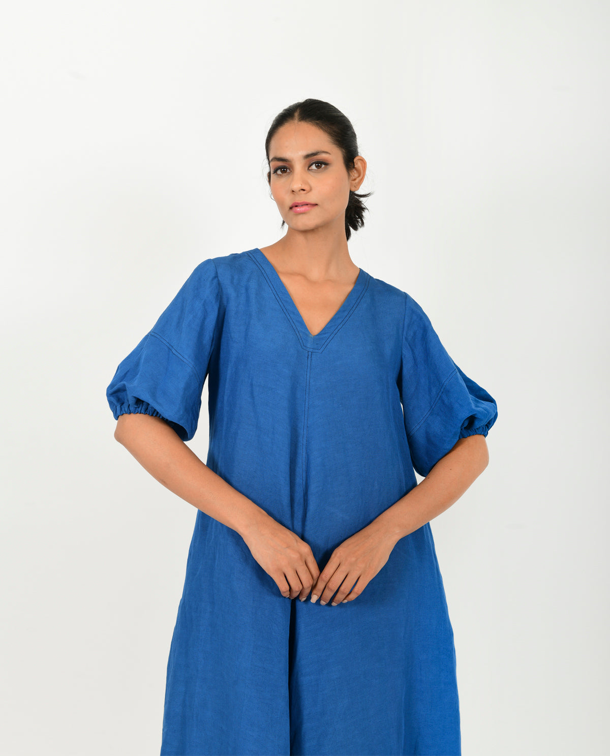 Blue Cotton Dress With Puffed Sleeves at Kamakhyaa by Rias Jaipur. This item is Blue, Casual Wear, Linen Blend, Midi Dress, Natural, Relaxed Fit, Solids, Womenswear, Yaadein