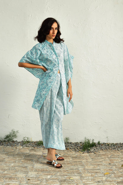 Blue Cotton Kaftan Style Co-ord Set at Kamakhyaa by Canoopi. This item is Blue, Canoopi, Casual Wear, Cotton, Indian Wear, Kurta Pant Sets, Natural, Prints, Regular Fit, Womenswear