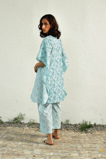 Blue Cotton Kaftan Style Co-ord Set at Kamakhyaa by Canoopi. This item is Blue, Canoopi, Casual Wear, Cotton, Indian Wear, Kurta Pant Sets, Natural, Prints, Regular Fit, Womenswear