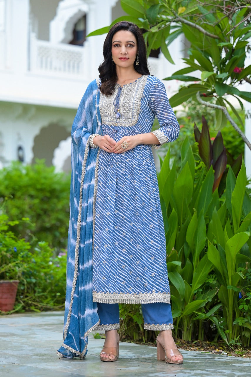 Blue Cotton Kurta Set With Dupatta at Kamakhyaa by Kamakhyaa. This item is Blue, Cotton, Ethnic Wear, Kurta Pant Sets, Kurta Set with Dupattas, Leheriya Prints, Natural, Prints, Regular Fit, Womenswear