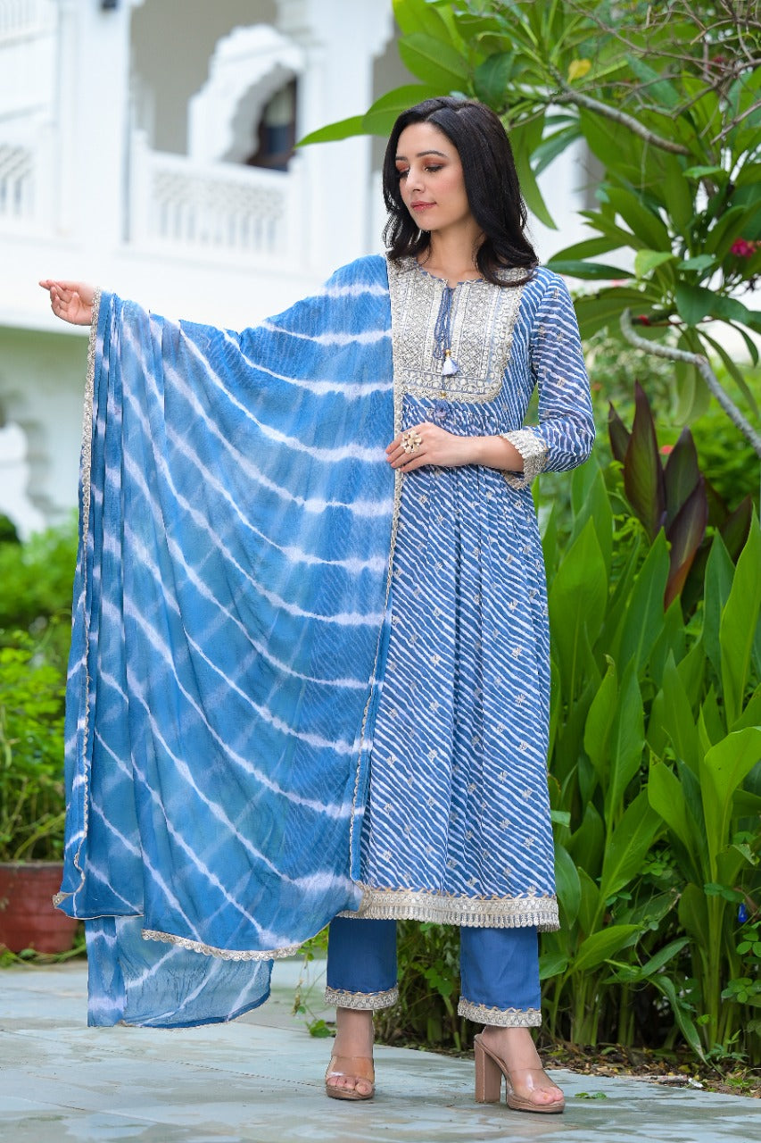 Blue Cotton Kurta Set With Dupatta at Kamakhyaa by Kamakhyaa. This item is Blue, Cotton, Ethnic Wear, Kurta Pant Sets, Kurta Set with Dupattas, Leheriya Prints, Natural, Prints, Regular Fit, Womenswear