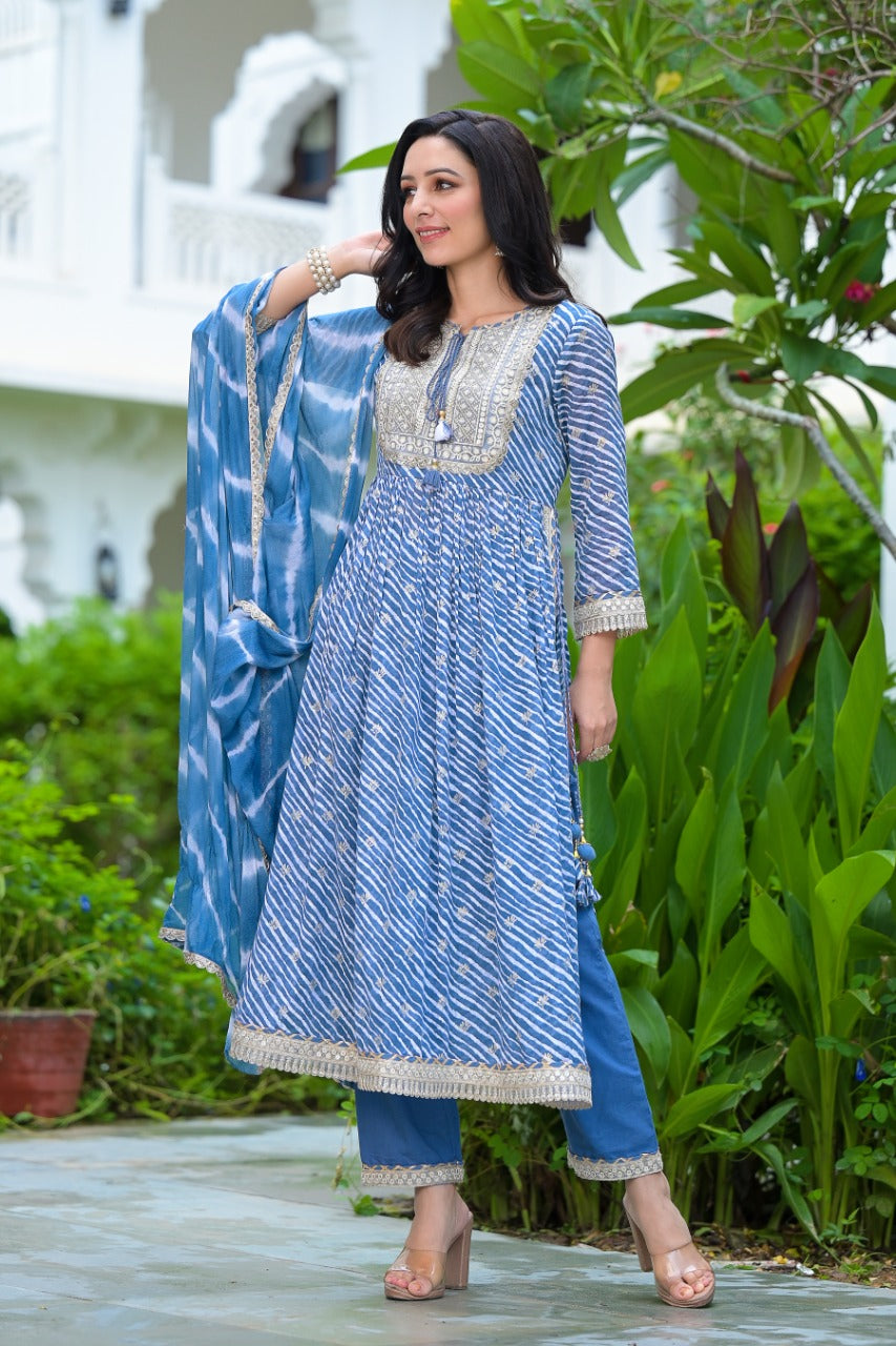 Blue Cotton Kurta Set With Dupatta at Kamakhyaa by Kamakhyaa. This item is Blue, Cotton, Ethnic Wear, Kurta Pant Sets, Kurta Set with Dupattas, Leheriya Prints, Natural, Prints, Regular Fit, Womenswear
