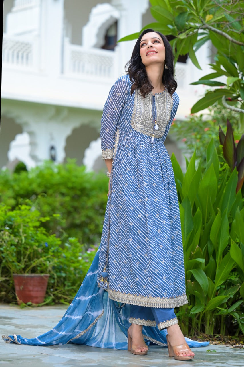 Blue Cotton Kurta Set With Dupatta at Kamakhyaa by Kamakhyaa. This item is Blue, Cotton, Ethnic Wear, Kurta Pant Sets, Kurta Set with Dupattas, Leheriya Prints, Natural, Prints, Regular Fit, Womenswear