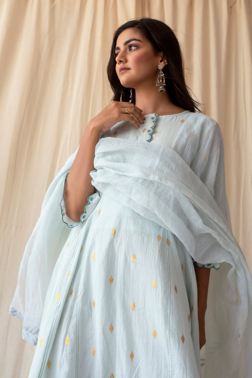 Blue Cotton Kurta Set With Dupatta at Kamakhyaa by Taro. This item is Blue, Evening Wear, Handwoven Cotton, Indian Wear, July Sale, July Sale 2023, Kurta Palazzo Sets, Natural, Regular Fit, Rozana Taro, Textured, Womenswear