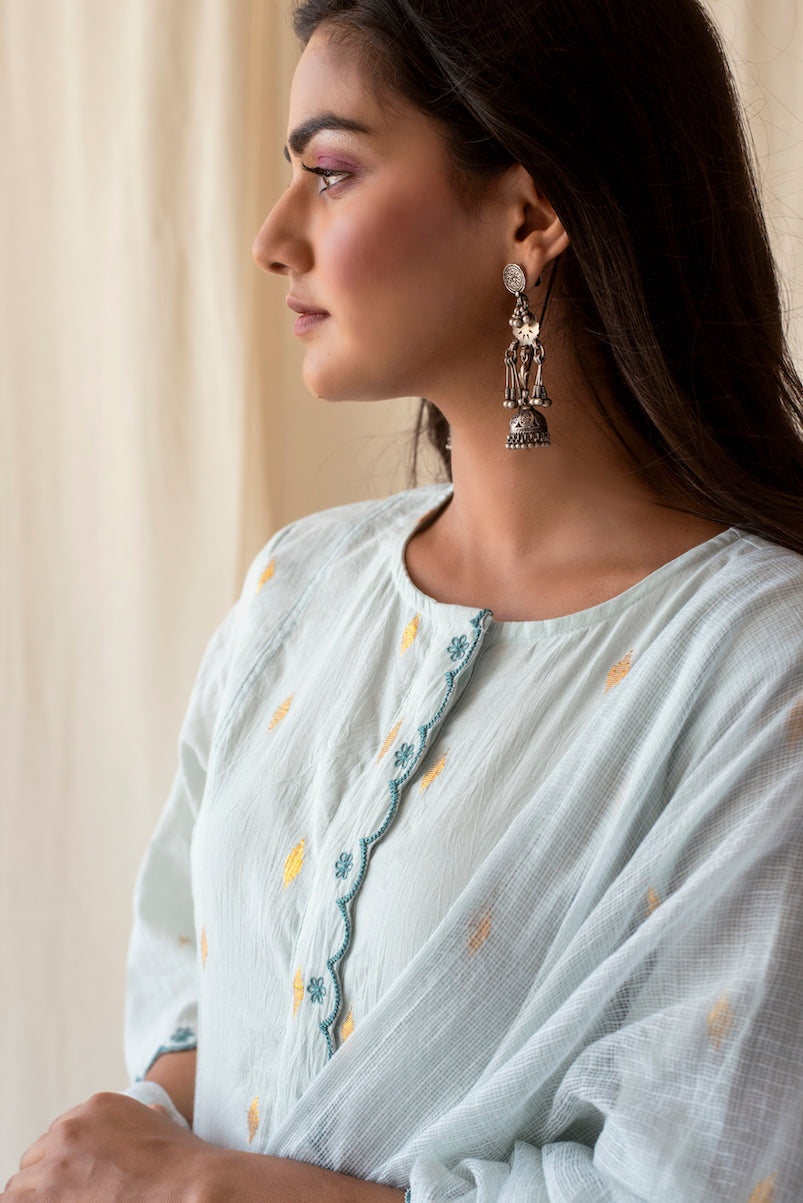 Blue Cotton Kurta Set With Dupatta at Kamakhyaa by Taro. This item is Blue, Evening Wear, Handwoven Cotton, Indian Wear, July Sale, July Sale 2023, Kurta Palazzo Sets, Natural, Regular Fit, Rozana Taro, Textured, Womenswear