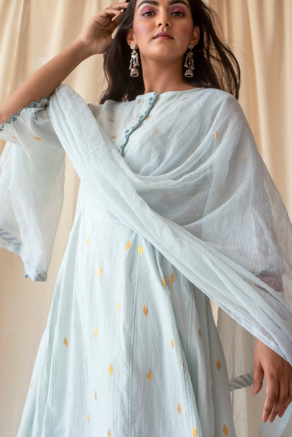 Blue Cotton Kurta Set With Dupatta at Kamakhyaa by Taro. This item is Blue, Evening Wear, Handwoven Cotton, Indian Wear, July Sale, July Sale 2023, Kurta Palazzo Sets, Natural, Regular Fit, Rozana Taro, Textured, Womenswear