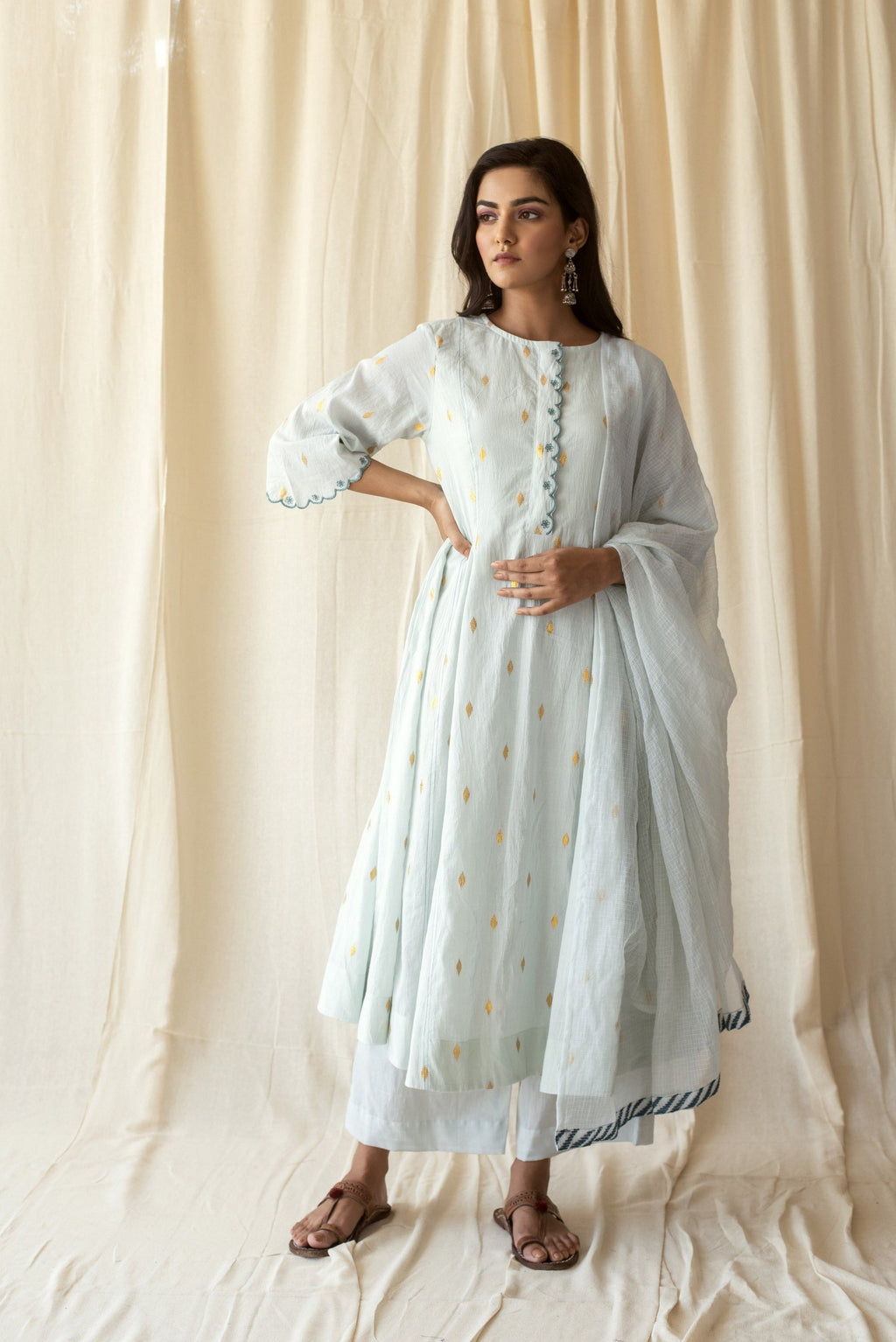 Blue Cotton Kurta Set With Dupatta at Kamakhyaa by Taro. This item is Blue, Evening Wear, Handwoven Cotton, Indian Wear, July Sale, July Sale 2023, Kurta Palazzo Sets, Natural, Regular Fit, Rozana Taro, Textured, Womenswear