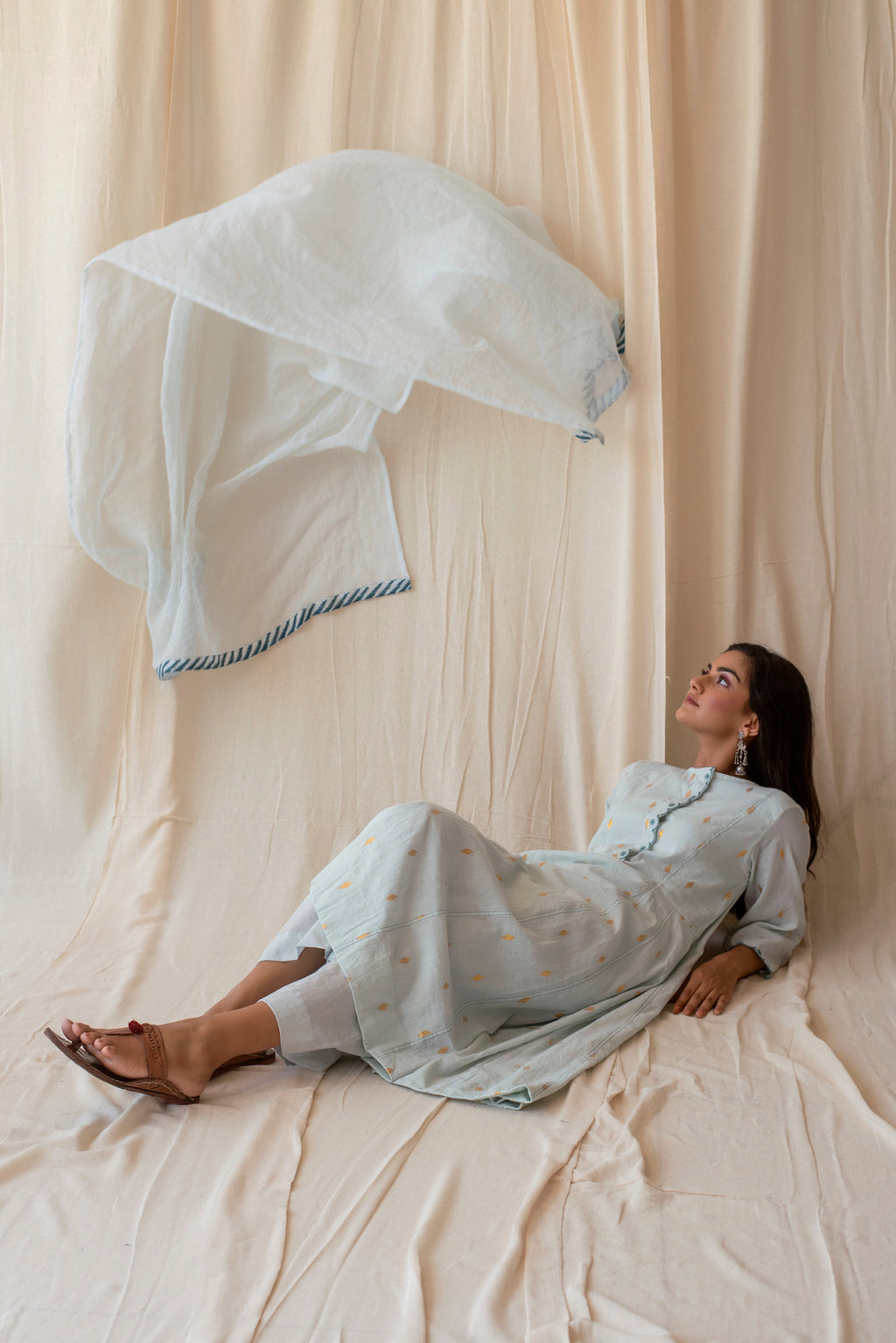 Blue Cotton Kurta Set With Dupatta at Kamakhyaa by Taro. This item is Blue, Evening Wear, Handwoven Cotton, Indian Wear, July Sale, July Sale 2023, Kurta Palazzo Sets, Natural, Regular Fit, Rozana Taro, Textured, Womenswear