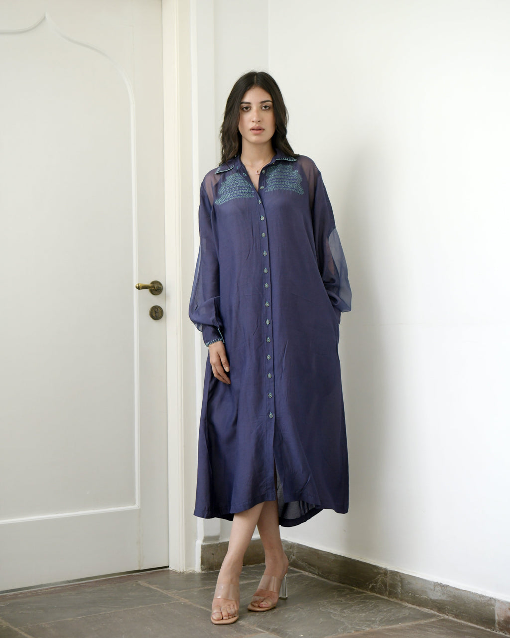 Blue Cotton Long Dress at Kamakhyaa by Taro. This item is Blue, Duplicate, Evening Wear, Handwoven cotton silk, July Sale, July Sale 2023, Midi Dresses, Natural, Regular Fit, Solids, Wildflower Taro, Womenswear
