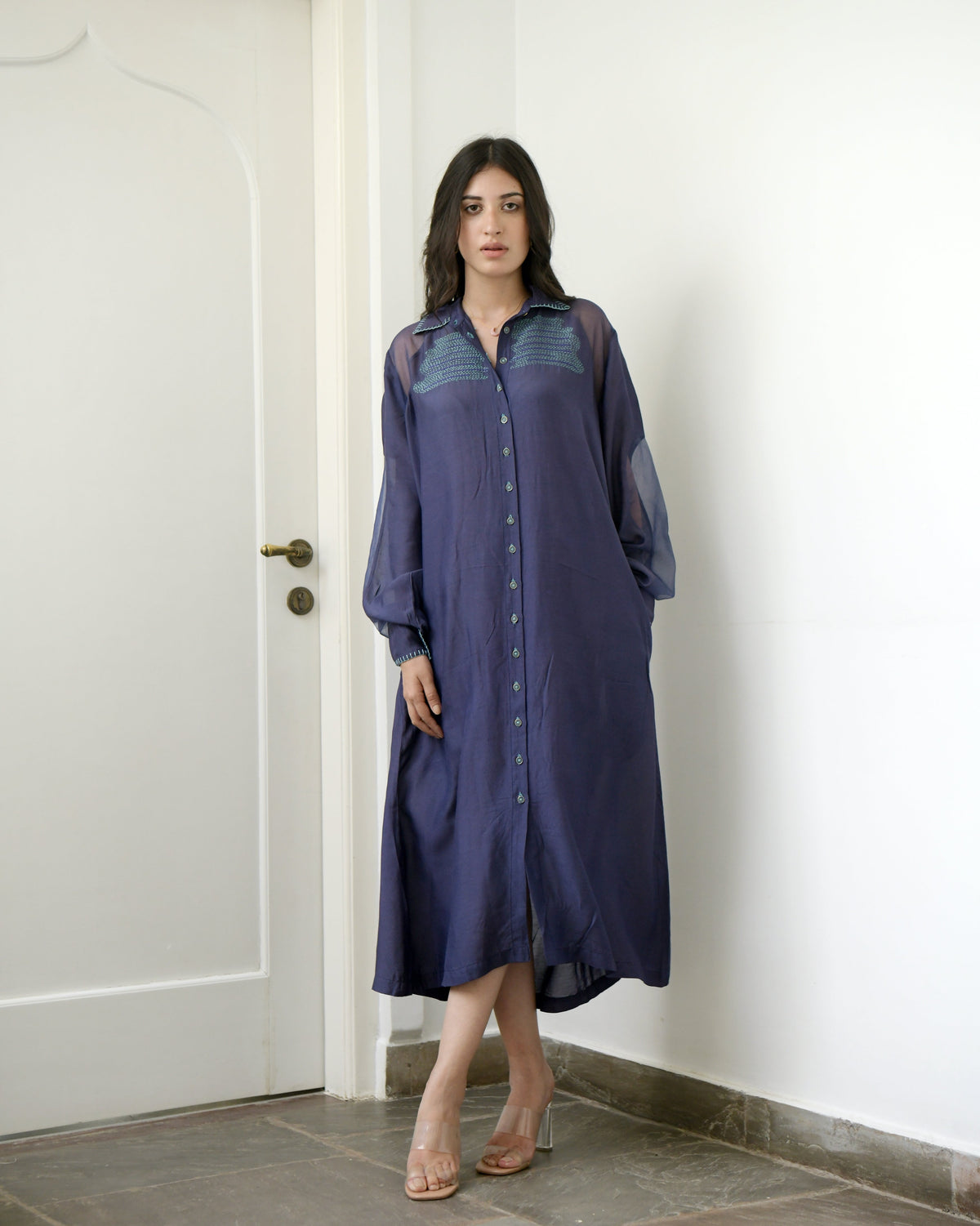 Blue Cotton Long Dress at Kamakhyaa by Taro. This item is Blue, Duplicate, Evening Wear, Handwoven cotton silk, July Sale, July Sale 2023, Midi Dresses, Natural, Regular Fit, Solids, Wildflower Taro, Womenswear