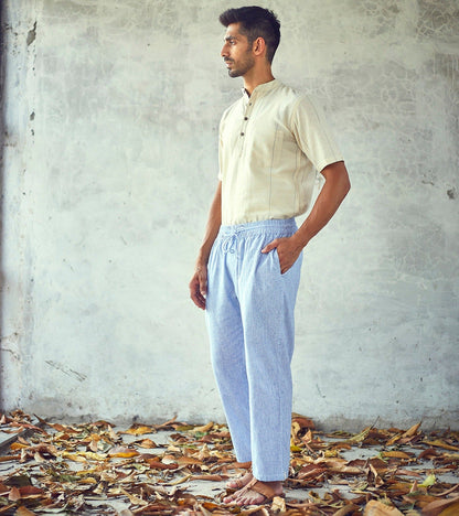 Blue Cotton Mens Trouser at Kamakhyaa by Khara Kapas. This item is Blue, Bottoms, Casual Wear, Cotton, Fitted At Waist, For Father, Mens Bottom, Menswear, Natural, New, Solids, Trousers
