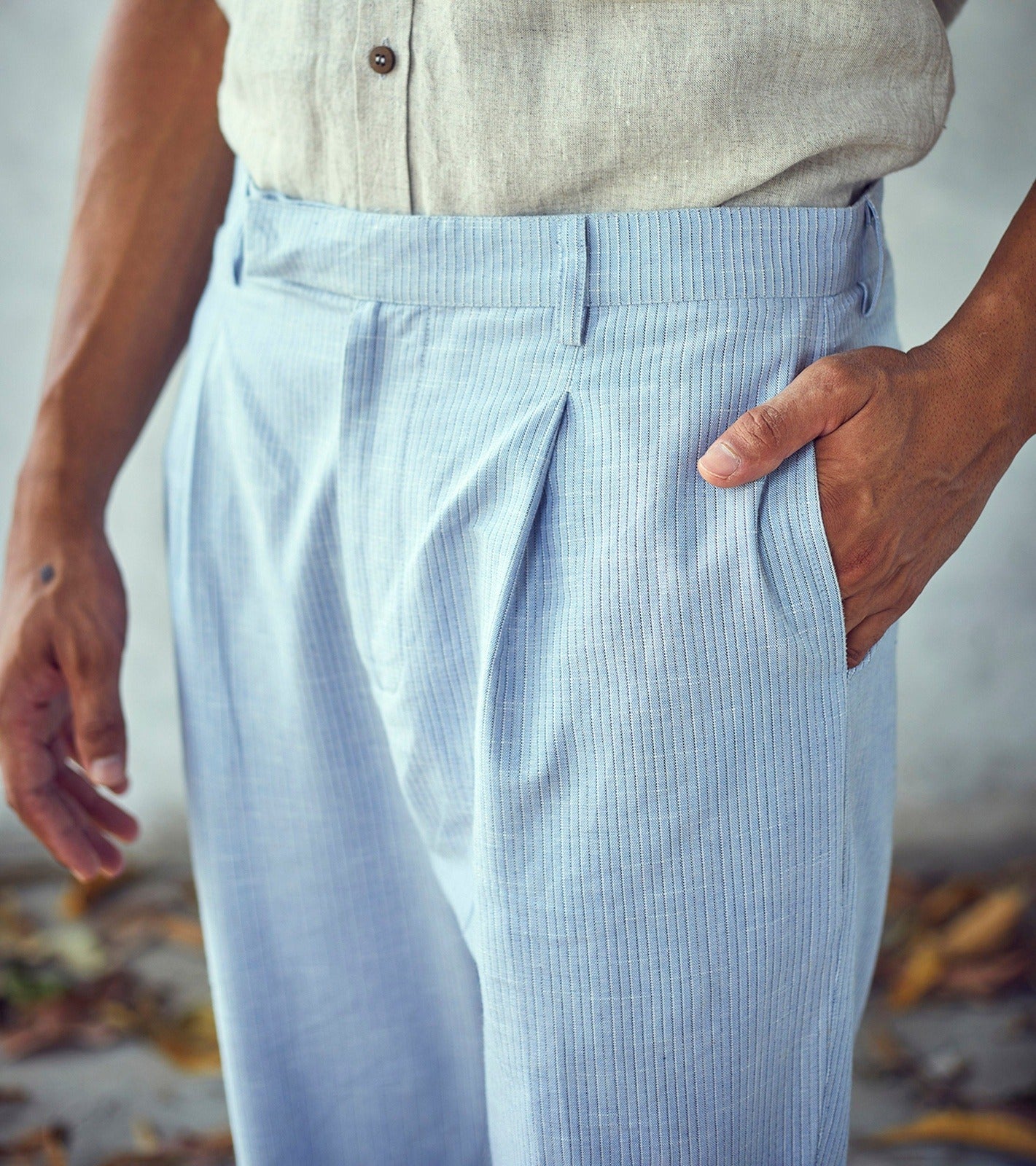 Blue Cotton Pleated Trouser at Kamakhyaa by Khara Kapas. This item is Blue, Bottoms, Casual Wear, Cotton, Fitted At Waist, For Him, Mens Bottom, Menswear, Natural, New, Solids, Trousers
