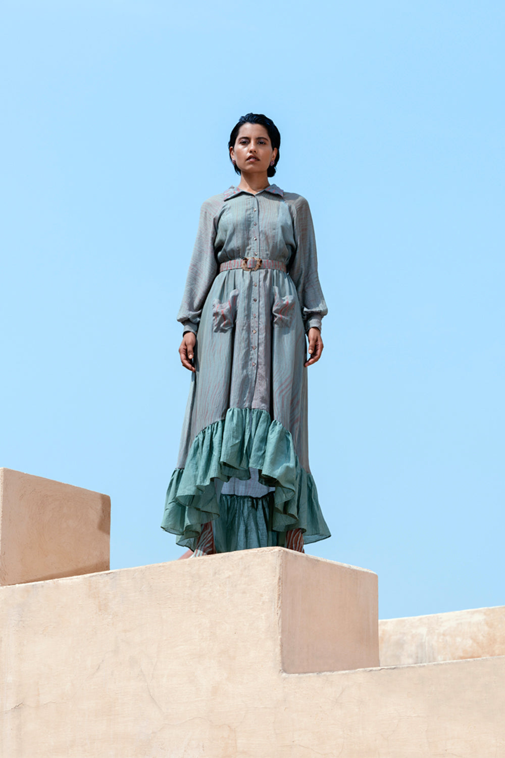Blue Cotton Silk Shirt Dress at Kamakhyaa by The Loom Art. This item is Between the Lines, Blue, Handwoven cotton silk, July Sale, July Sale 2023, Maxi Dresses, Natural, Ombre & Dyes, Party Wear, Regular Fit, Ruffle Dresses, Shirt Dresses, Womenswear