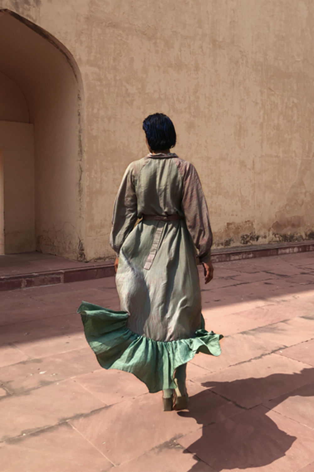 Blue Cotton Silk Shirt Dress at Kamakhyaa by The Loom Art. This item is Between the Lines, Blue, Handwoven cotton silk, July Sale, July Sale 2023, Maxi Dresses, Natural, Ombre & Dyes, Party Wear, Regular Fit, Ruffle Dresses, Shirt Dresses, Womenswear