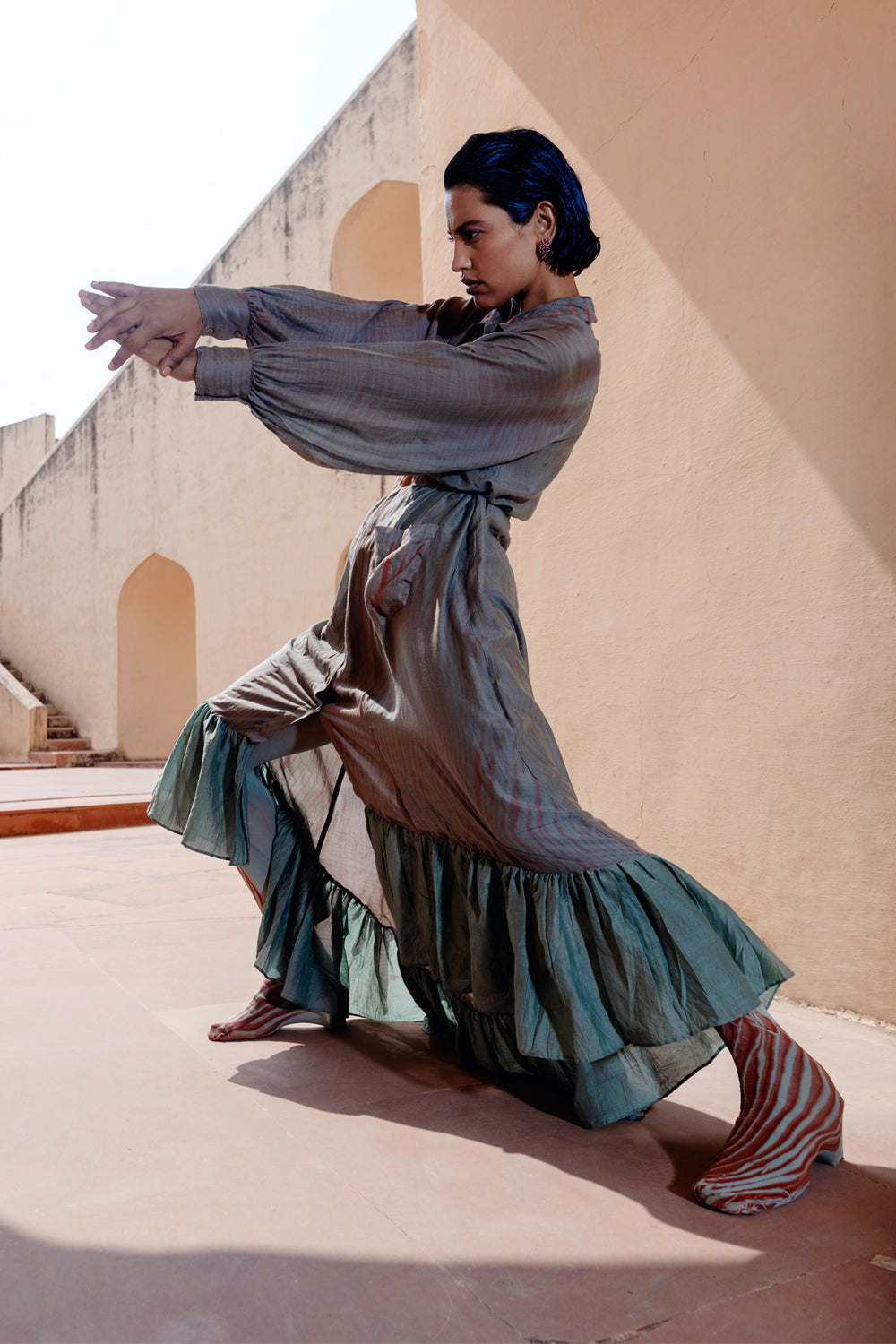 Blue Cotton Silk Shirt Dress at Kamakhyaa by The Loom Art. This item is Between the Lines, Blue, Handwoven cotton silk, July Sale, July Sale 2023, Maxi Dresses, Natural, Ombre & Dyes, Party Wear, Regular Fit, Ruffle Dresses, Shirt Dresses, Womenswear