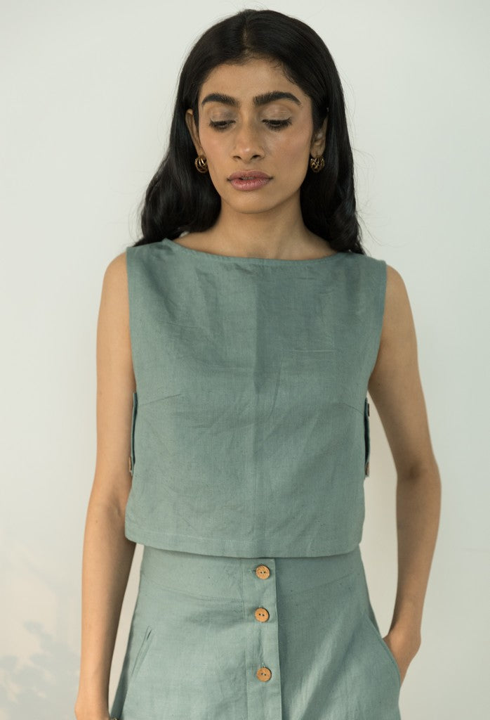 Blue Crop Top at Kamakhyaa by Anushé Pirani. This item is Best Selling, Blue, Casual Wear, Cotton, Cotton Hemp, Crop Tops, Handwoven, Hemp, Regular Fit, Shibumi Collection, Solids, Womenswear