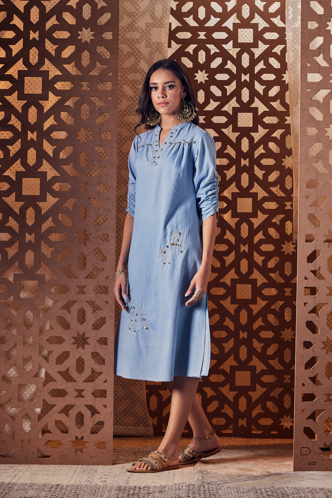 Blue Denim A-Line Side Slit Dress at Kamakhyaa by Charkhee. This item is Blue, Denim, Embroidered, Ethnic Wear, Midi Dresses, Naayaab, Natural, Nayaab, Relaxed Fit, Womenswear