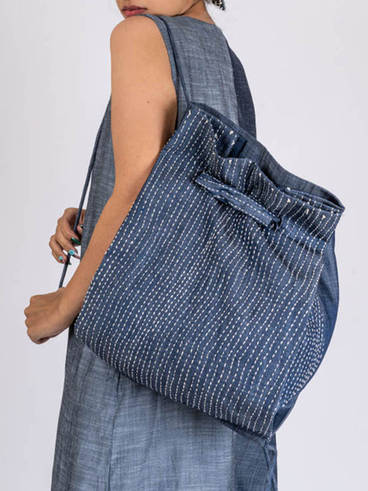 Blue Denim Back Pack at Kamakhyaa by Chambray & Co.. This item is Add Ons, Backpacks, Bags, Blue, Casual Wear, Cotton, Embroidered, Free Size, Natural